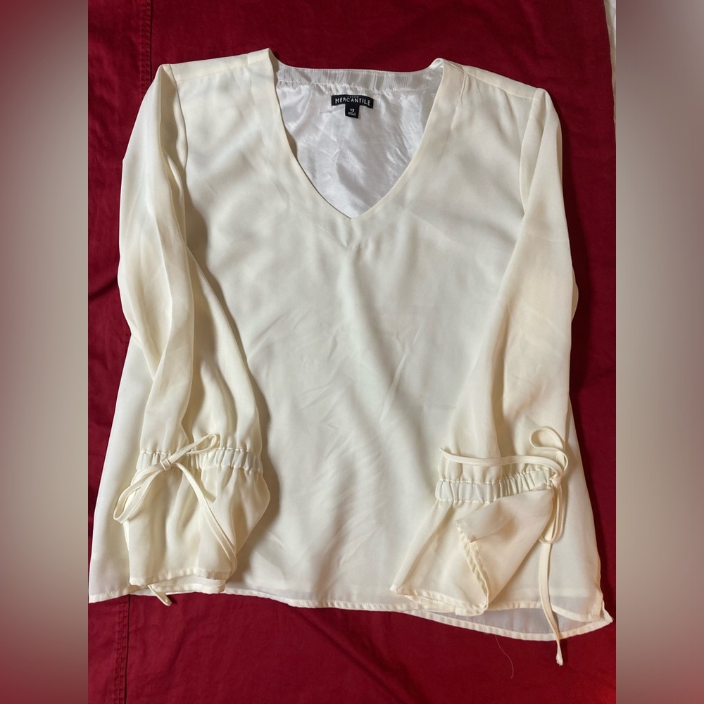 J. Crew Factory Cream V-Neck Blouse with Tie Sleeves